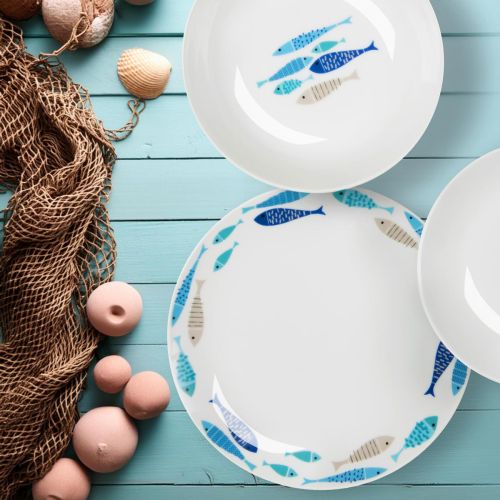Servizio piatti, azzurro/blu pesci, porcellana, 18 pezzi