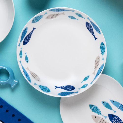 Servizio piatti, azzurro-blu, pesci, porcellana, 18 pezzi